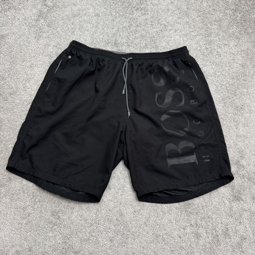 Hugo Boss Swim Trunks Men 2XL Black Big Logo Mesh Lined Drawstring Pockets Short
